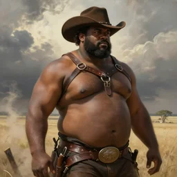 a beautiful dramatic epic painting of a thicc chunky beefy black man | he is shirtless and wearing a leather harness and cowboy hat | prairie setting, dust clouds | homoerotic, highly detailed, dramatic lighting | by Mark Maggiori, by William Herbert Dunton, by Charles Marion Russell | trending on artstation