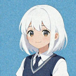 a headshot of a happy cute girl with shoulder - length white short hair wearing school uniform, sharp focus, pure color background, illustration, two - third of the screen is left blank, morandi color scheme, art station, by ilya kuvshinov