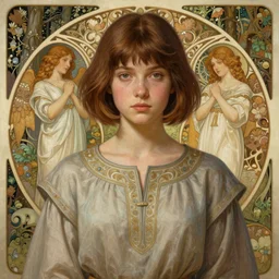 symmetry portrait of welsh brunette student in mans tunic, tomboy, short hair, intricate forest background, intricate, elegant, highly detailed, digital painting, artstation, concept art, smooth, sharp focus, illustration, art by artgerm and greg rutkowski and fra angelico and alphons mucha