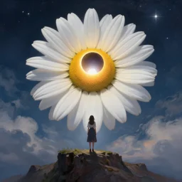 huge white daisy flower blooming as a face, girl standing on cliff, surreal photography, solar eclipse, stars, dramatic light, impressionist painting, clouds, digital painting, artstation, james gilleard, liam wong, jeremy mann, simon stalenhag