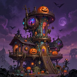 hyper detailed ultra sharp of a steampunk sci - fi haunted halloween megastructure house trending on artstation, warpaint aesthetic, earthwave, colorful, psychedelic, ornate, intricate, digital painting, concept art, smooth, sharp focus, illustration, art by artgerm and greg rutkowski and h. r. giger, 8 k