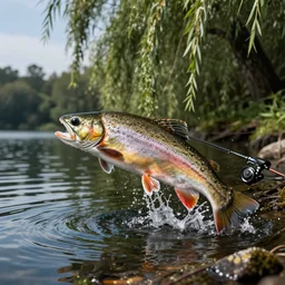 close up photo of a giant trout leaping out of in a lake on a fishing line, summer, lake, willow trees, trending on art station, dynamic lighting, stark contrasts, detailed and intricate environment
