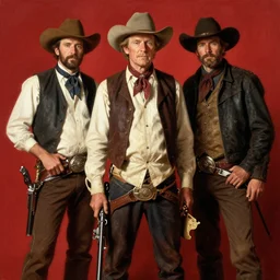 Solomon Joseph Solomon and Richard Schmid and Jeremy Lipking victorian genre painting portrait painting of Hank Williams Sr a rugged cowboy gunfighter old west character in fantasy costume, red background