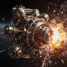 intricate machine in space, explosions, art by mark cooper, 8 k, hyper detailed, hdr, intricate, masterpiece