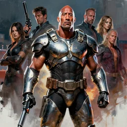 dwayne the rock johnson wearing metal gear armor holding gun dramatic lighting art by guy denning brandon anschultz by yoji shinkawa by richard schmid by greg rutkowski by sandra chevrier by jeremy lipking cinematic dramatic brush strokes background