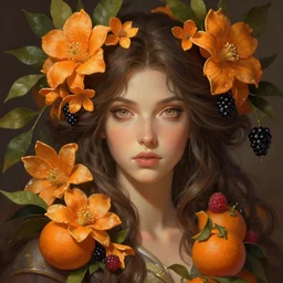 photo by eric burkhanaev, portrait with oranges, orange flowers, and blackberries and raspberries, deep focus, d & d, fantasy, complex, elegant, highly detailed, digital painting, artstation, concept art, matte, clear focus, illustration, hearthstone, artgerm art, greg rutkovsky and alphonse mucha