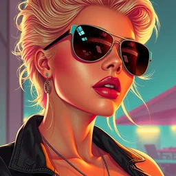 closeup portrait of pinup synthwave 8 0 s gorgeous confident pamela anderson wearing sunglasses, varga, digital art, greg rutkowski, loish, rhads, beeple, gta v, makoto shinkai and lois van baarle, frank miller, ilya kuvshinov, rossdraws, tom bagshaw, glamour pose, alphonse mucha