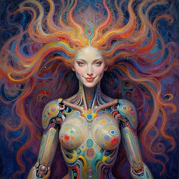 perfectly centered portrait, front view of a beautiful biomechanical fractal goddess, female, flowing hair, intense stare, sweet smile, symmetrical, concept art, intricate detail, volumetric shadows and lighting, psychedelic colors, vibrant, realistic oil painting by gustave dore and alex grey,
