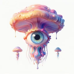 an iridescent huge minds eye, exploding mushroom cloud dmt lsd limerence paintbrush jellyfish nervous system suspended in rainbow liquid paint lake on a creative whimiscal alien planet, black paper, obscure, serendipity, gustave darrow, dan mumford, wlop, artgerm, moebius, metatron, symmetrical