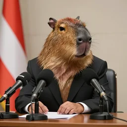 a president capybara wearing a suit giving a press conference on a table with microphones, high quality, sigma 85mm, 4k