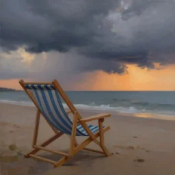 painting of a beach chair at sunset with heavy thunderstorm in background, natural light, concept art, by greg rutkowski, cozy atmospheric and cinematic lighting
