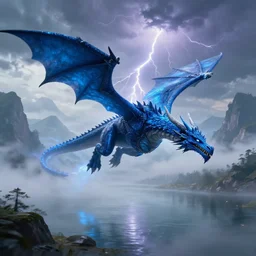 flying blue lighting dragon, misty fog, big lake, montains in background, thunder and lightning, dungeons and dragons, highly detailed, digital illustration