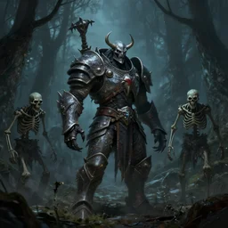 heavily armored and menacing skeletons and zombies in a forest at night, d & d, concept art, fantasy art
