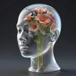 completely translucent glass head of a woman, 3 d octane render, high resolution, fine details, inside the head is a bunch of flowers by daniel arsham and james jean