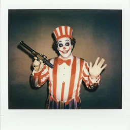 polaroid of candy man smiling in candy land machine gun founding father patriot, creepy pasta