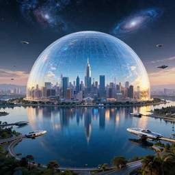 cyberpunk city, lake, spacecrafts, futuristic, glass dome in space, golden hour, light diffusion, galaxy, stars, hyperrealistic, award winning, photography, blue, glass, extremely wide angle