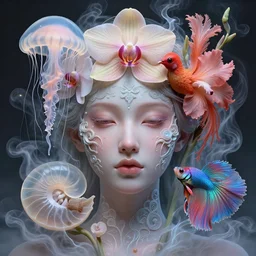 symmetry!! 3 d close - up portrait of the goddess face in midsommar style mixed with jellyfish phoenix bird giant orchid flower and giant gladiola betta fish., intricate, elegant, surrounded by smoke and water energy flow. translucent nautilus, highly detailed, by wlop, tooth wu, greg rutkowski, alena aenami