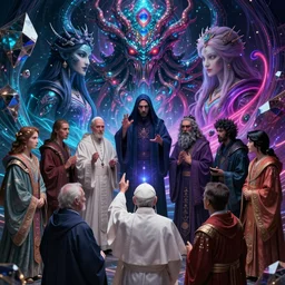 uhd hyperrealistic photorealisitc hyperdetailed detailed group circle of pope priest necromancer invoking a in front of a cthulhu, neon colors, fractal crystal, fantasy beauty portrait by tom bagshaw, tooth wu, wlop, james jean, victo ngai, beautifully lit, highly detailed, artstation, fantasy art by craig mullins, thomas kinkade