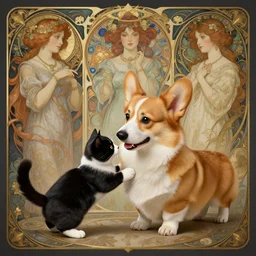 ein the corgi playing with a tuxedo cat, fantasy, intricate, elegant, hyper detailed, ultra definition, photoreal, artstation, unreal engine rendered, concept art, smooth, sharp focus, illustration, art by artgerm and greg rutkowski and alphonse mucha and garis edelweiss