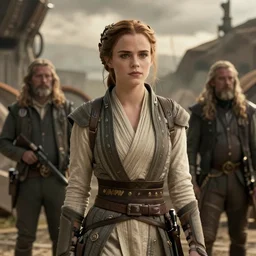 detailed ultrarealistic photography front medium shot of starwars, emma watson, fantasy, postapocalyptic, nomad leia organa leyendecker, norman rockwell, greg rutkowski, artstation cinematic, vray game of thrones, lord of the rings