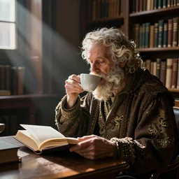 a gargolyte drinking coffee while reading a book in a library