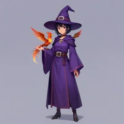 Young beautiful short woman in purple witch robes and pointy hat with a small pet phoenix on her shoulder, full body shot, cell shading