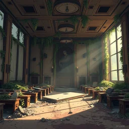 a stylized 2 d cinematic keyframe of a post - apocalyptic cinema movie theather interior covered by nature, debris, abandoned, joy gaze, cel - shaded, classical animation, edge - to - edge print, rendered by studio ghibli, artgerm, alyssa monks, andreas rocha, david kassan, neil blevins, rule of thirds, golden ratio, ambient lighting, artger