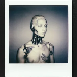a black and white photograph of cybernetic androgyny, in the style of egon schiele, by jenny saville, film photography, polaroid photo, surreal, soft lighting