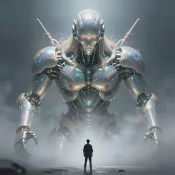 an award winning portrait of a massive iridescent cyborg deity looking down on a small man, ominous, ethereal, misty, volumetric fog, beautiful specular illumination, smooth, dynamic, artstation, octopath traveler, by greg rutkowski, artgerm, alena aenami, 8 k