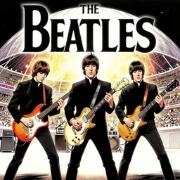 The Beatles playing in the Budokan, manga illustration,