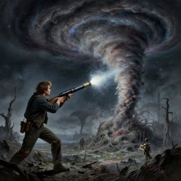 phillip seymour hoffman shooting a bazooka at a tornado, cosmic horror, elegant intricate digital painting artstation concept art by mark brooks and brad kunkle extreme detailed