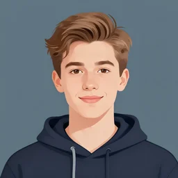 teenage white male with light brown side part hair, brown eyes and a smile, wearing a hoodie, simple digital portrait art