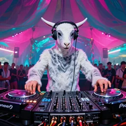 low angle photo of a white and gray turkish van! as a dj! wearing headphones! paws on turntables! cdjs! and knobs! of a pioneer dj mixer! at psytrance! festival! fuchsia and cyan lighting, wide angle, trending on artstation, by huang guangjian and gil elvgren and sachin teng, 8 k detail, volumetric lighting