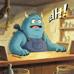 an aaahh!!! Real monsters shopkeeper behind the counter by James Gurney