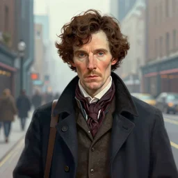 portrait of sherlock holmes on a futuristic city street, soft colours, digital painting, detailed, realistic, digital art, by alayna lemmer, by tom bagshaw