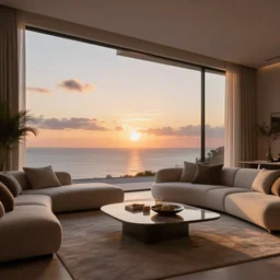 a interior photo of a furnished modern house with a large window with view to the sea at sunset, octane render, unreal engine 5, godrays, ray tracing, hyperrealistic, full of luxury furniture, calm, relaxing, complementary colors, warm lighting, clouds in the sky, concept art, 4k, high quality, highly detailed, trending on DeviantArt, beautiful