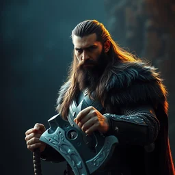 film still of thorin oakenshield, holding war axe, concept art, insanely detailed, cinematic lighting, sharp focus, illustration, artstation