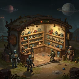 inside a store that sells robot parts, in a small remote outpost, on a remote planet, steampunk style, from a point and click 2 d graphic adventure game, set design inspired slightly by hg giger and tomb raider, art inspired by [ [ thomas kinkade ] ] and [ mark keathley ]