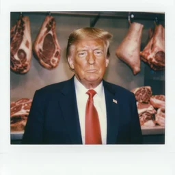 close up portrait of donald trump standing close to camera, room made of full of raw meat, butchery behind him, cinematic focus, polaroid photo, vintage, neutral dull colors, soft lights, dramatic, by oleg oprisco, by thomas peschak, by discovery channel, by victor enrich, by gregory crewdson