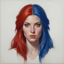 A detailed matte oil on canvas head on symmetrical portrait of a distinguished elven woman with vertically split red hair left and blue hair  on an empty background,  by Charlie bowater and lise deharme wlop, trending on artstationhd,  dungeons and dragons art,  half &  half hair, split dye, critical role