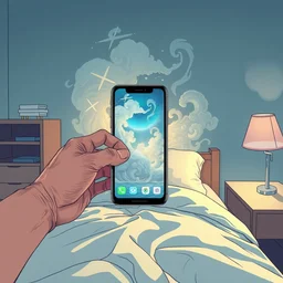 someone prompting stable diffusion with mobile phone in hand in bed, pov, digital illustration, extremely detail, sharp focus, extremely wide view, smooth, digital illustration, by james jean, by rossdraws, frank franzzeta, mcbess, sakimichan, brosmin, danton fadeev, steve simpson