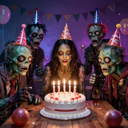 zombies with birthday costumes celebrating around a birthday cake