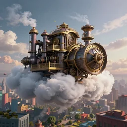 big flying steam pipe organ in the clouds, steampunk, steam generators, steam parts, magical fog in the clouds, colorful city background, apocalypse