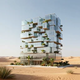 a modern hotel made of rectangle tetris, in the desert, glass and plants, octane render, trending on artstation