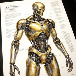 highly detailed labeled medical anatomy poster of a robotic abomination, poster paper with notes, well - lit, ray tracing, detailed, mechanism, forbidden - knowledge, intricate details, gold and silver ink, by kentaro miura, marco bucci