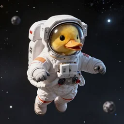 A still of a little astronaut duckling floating in space, 4k, photograph, photoreal, realistic, highly detailed, epic lighting, awar winning