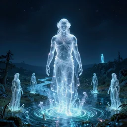 eerie, greek fantasy panorama, a magnificent translucent shining farmer figure above the magic shining river styx, at night, otherworldly, ghost farmer above the horizon, stanley kubrick, sharp focus, wide shot, surreal, deep