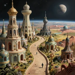 an epic whimsical stunning masterpiece sci - fi matte painting of a winding path through outer space worlds, surreal architecture designed by heironymous boach, megastructures inspired by heironymous bosch, vast surreal landscapes and horizon by asher durand and cyril rolando and natalie shau, insanely detailed, elegant, concept art, digital art