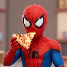 a cartoon style portrait of spiderman eating pizza