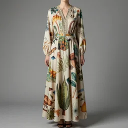 elegant full length dress designs with natural history prints dsigned by alphonso mucha